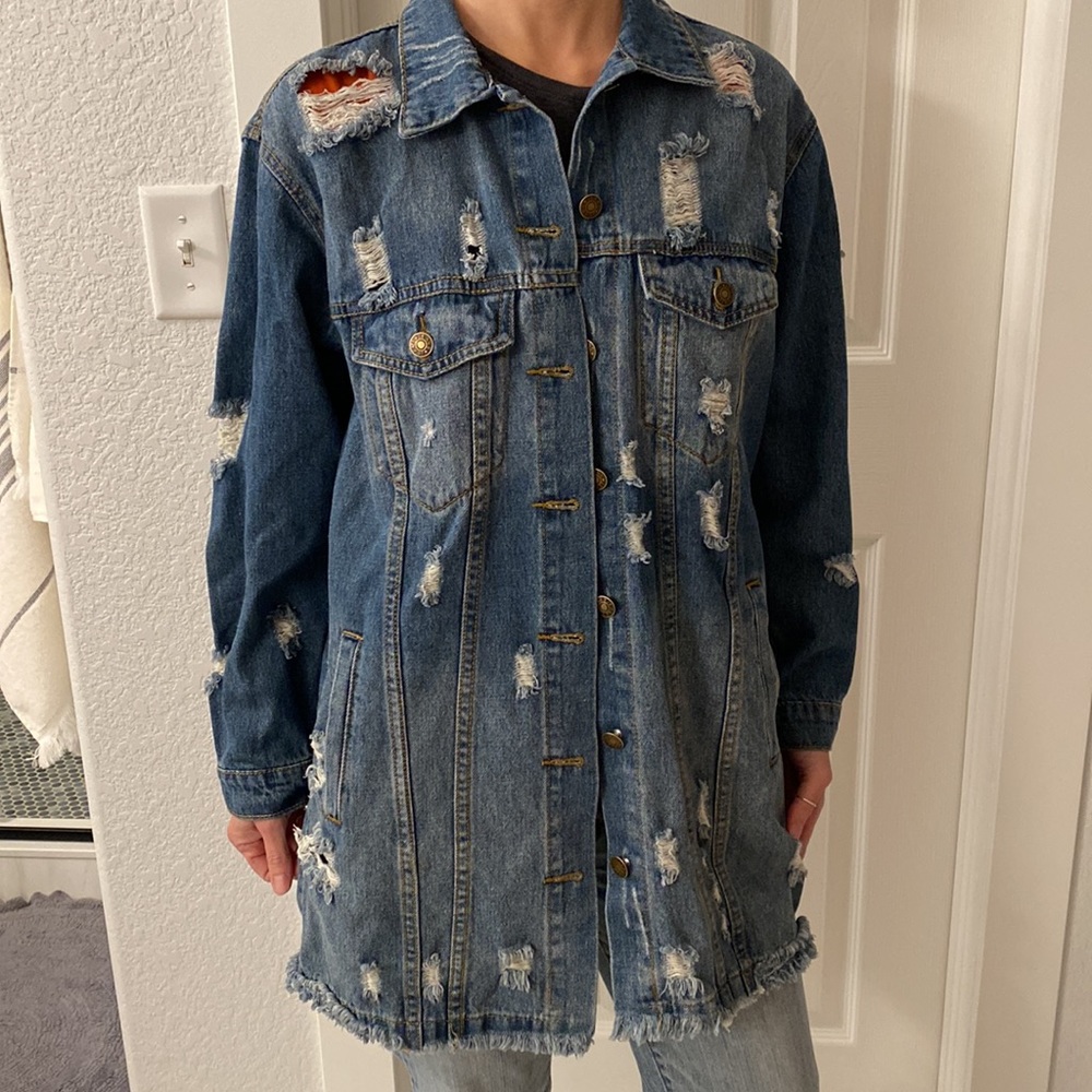 Fanco Long Distressed Denim Jacket with Graffiti & Embroidered Floral Detail - Picture 6 of 6